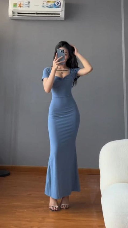 SHORT-SLEEVE BLUE MIDI MERMAID EVENING DRESS PARTY DRESS     cg25309