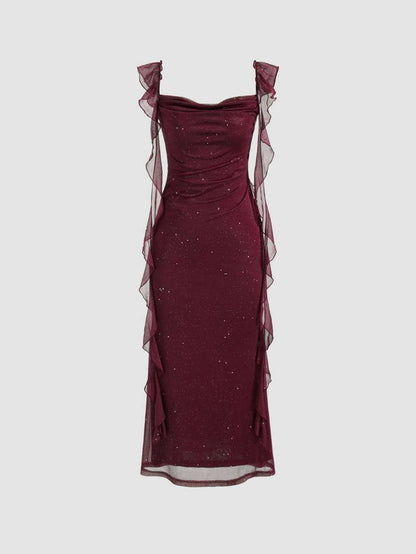 Elegant Sheath Square Neckline Burgundy Chiffon Ruffles Prom Dresses Formal Dress    cg25308