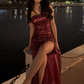 Shinning Burgundy Sequins Sleeveless Long Prom Dress with Split      cg25300