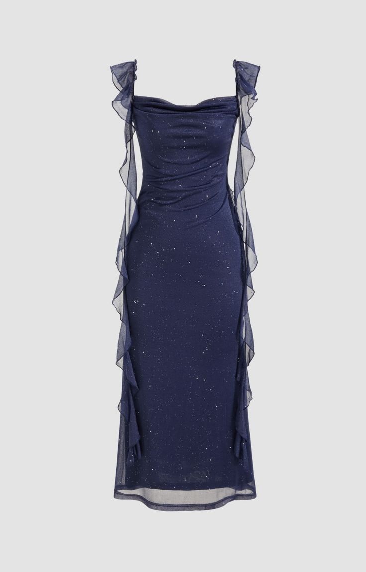 Cowl Neck Sequin Ruffle Maxi Dress Navy Blue Evening Dress      cg25206