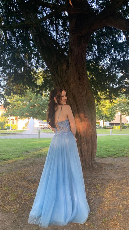 A Line Blue Lace Long Prom Dresses, Long Blue Lace Formal Evening Dresses     cg25209