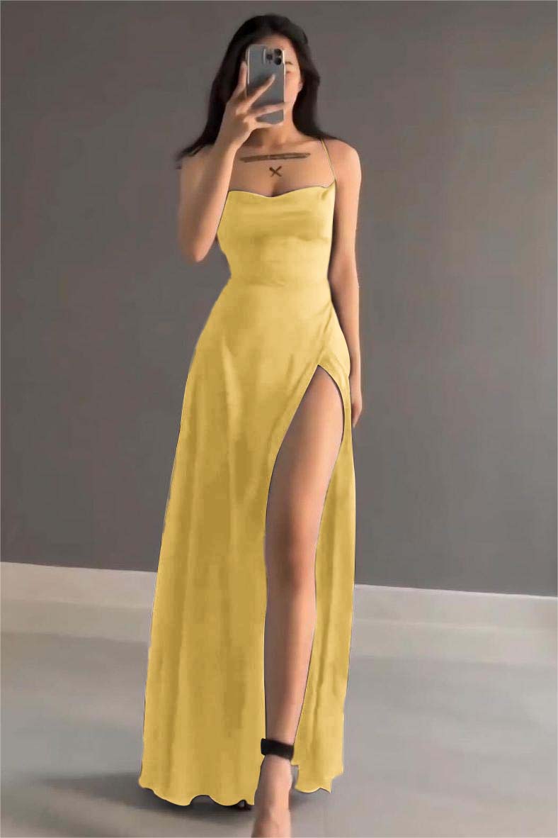 Simple Stain Spaghetti Strap Sleeveless Long Prom Dress with Split     cg25245