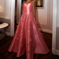 Pink Satin Handmade Flowers A Line Prom Dresses Unique Evening Dress     cg25169