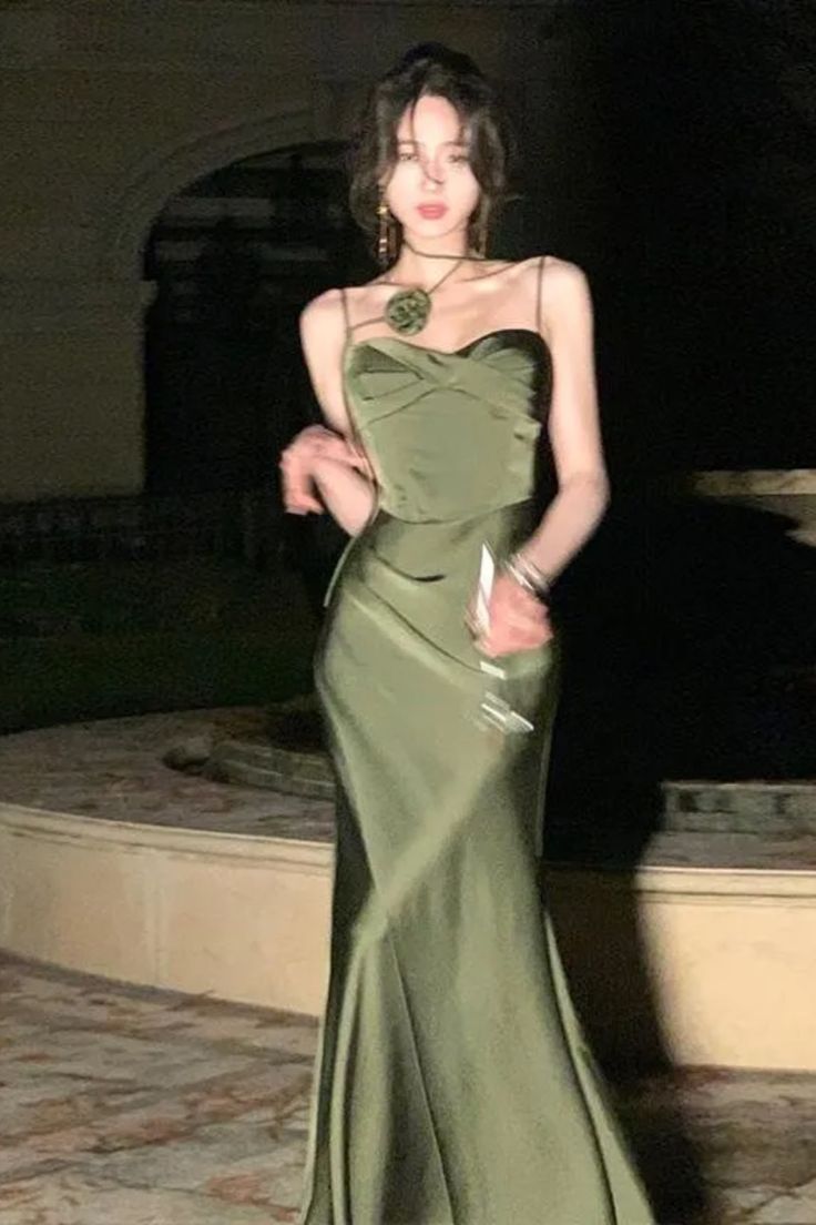 Mermaid Straps Satin Green Prom Dresses Formal Evening Dress      cg25237