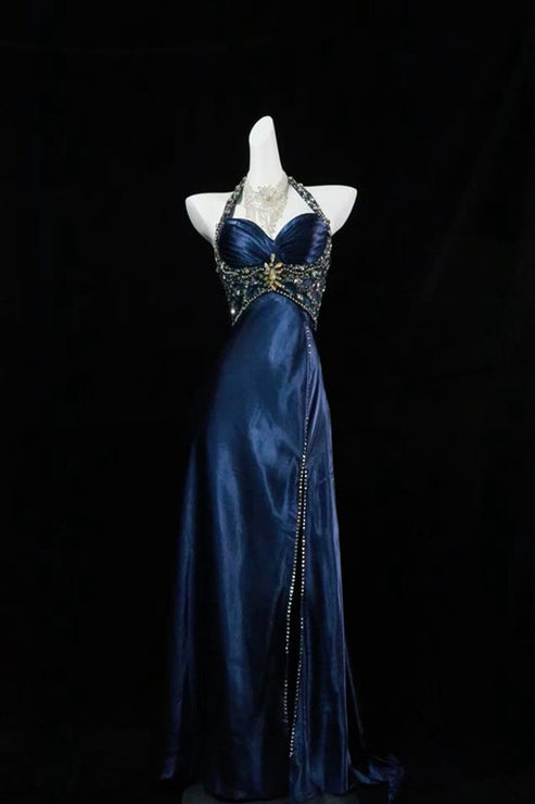 Elegant Navy Blue A-Line Halter Neck Satin Long Prom Dress Evening Dress cc5243 main image 0