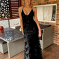 navy blue mermaid tulle and sequins long formal prom dress with v neckline and lace up back   cg10962