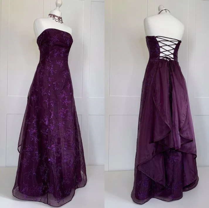 Chic Ball Gown Strapless Grape Tulle Evening Dress Long Prom Dresses cg26220