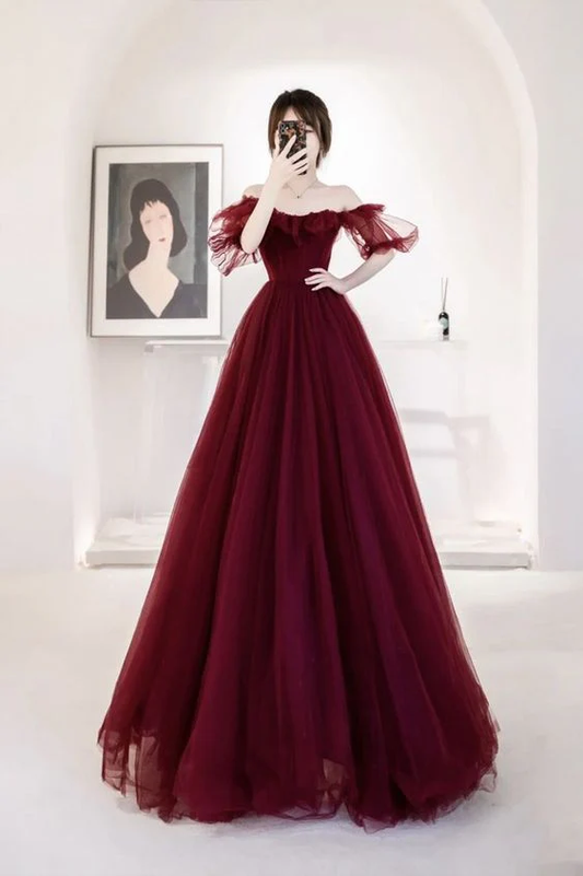 Tulle Long Prom Dresses Wine Red Tulle Formal Evening Dress cg26234