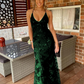 navy blue mermaid tulle and sequins long formal prom dress with v neckline and lace up back   cg10962