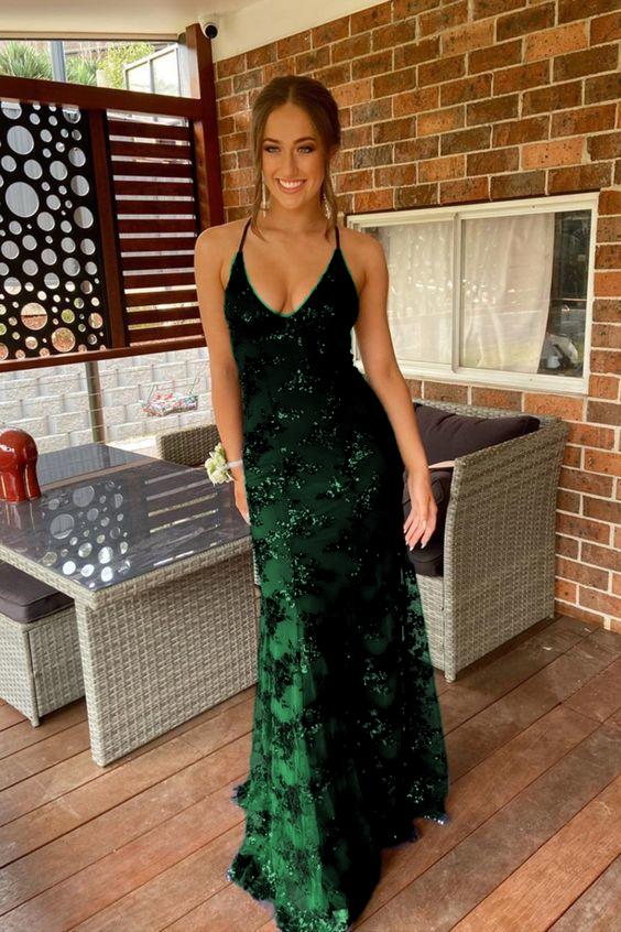 navy blue mermaid tulle and sequins long formal prom dress with v neckline and lace up back   cg10962