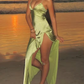 New V-neck Long Beach Green Dress Backless Lace-up Sleeveless Satin Long Prom Party Dress    cg25617