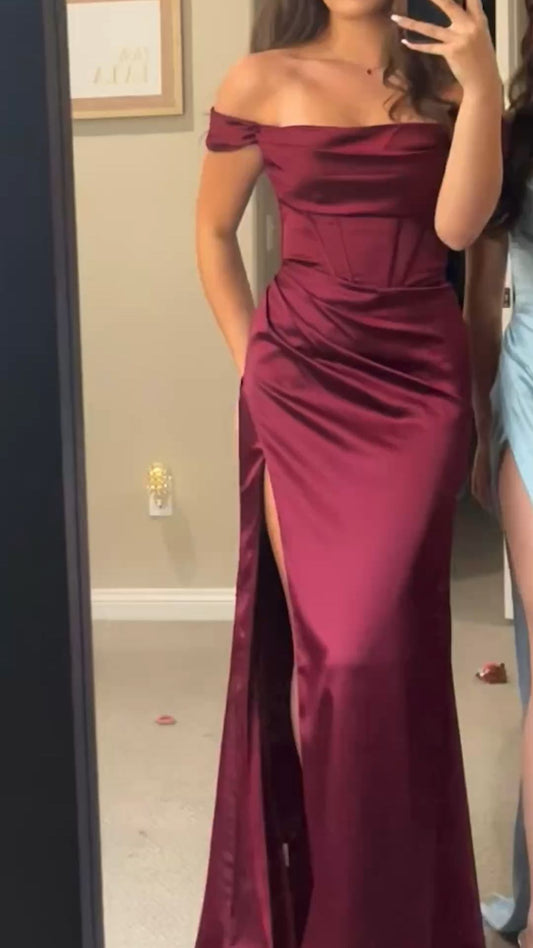 Burgundy Satin Long Evening Dress Glam Prom Dress Formal Gown      cg25289