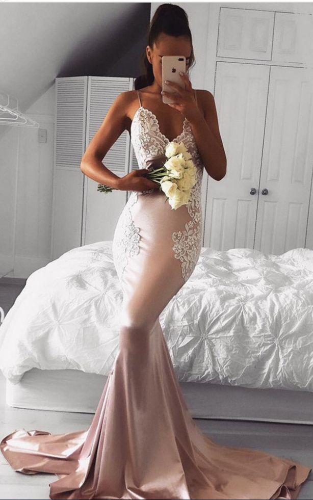 Mermaid Spaghetti Straps Sweep Train Blush Prom Dress with Appliques cg1339