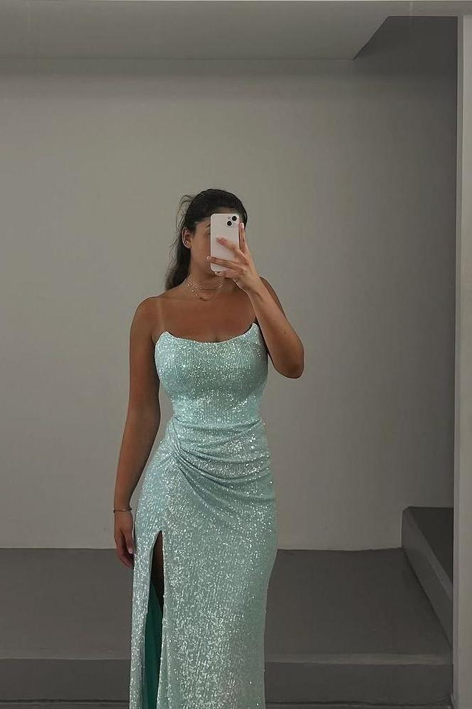 Shinning Mint Sequins Sleeveless Spaghetti Strap Long Pleated Prom Dress with Split      cg25298