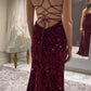 Sexy Mermaid Spaghetti Straps Burgundy Sequin Prom Dresses Party Dress      cg25274