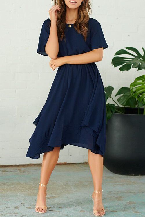 Round Neck Flared Sleeves Navy Prom Dress  cg8525