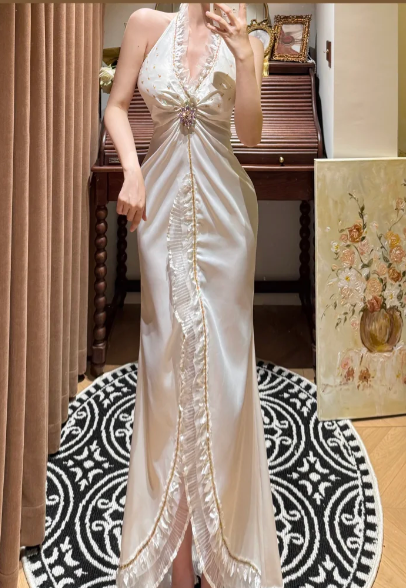 V Neck Satin Prom Party Dress Classy Vintage Evening Dress 22nd Birthday Outfit  cg26314