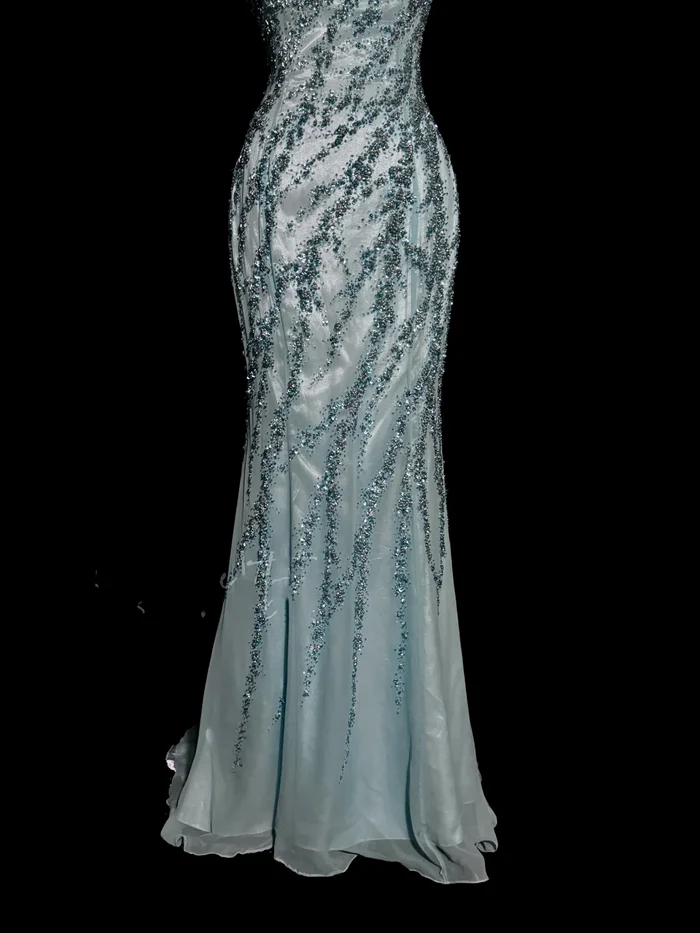 Vintage Mermaid Strapless Tulle Blue Beads Long Prom Gown Fairy Prom Dresses cg26130