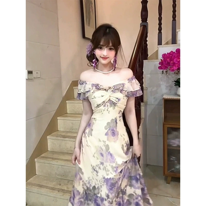 Purple floral print dress, retro French style, off-the-shoulder long dress  G103