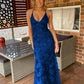 navy blue mermaid tulle and sequins long formal prom dress with v neckline and lace up back   cg10962