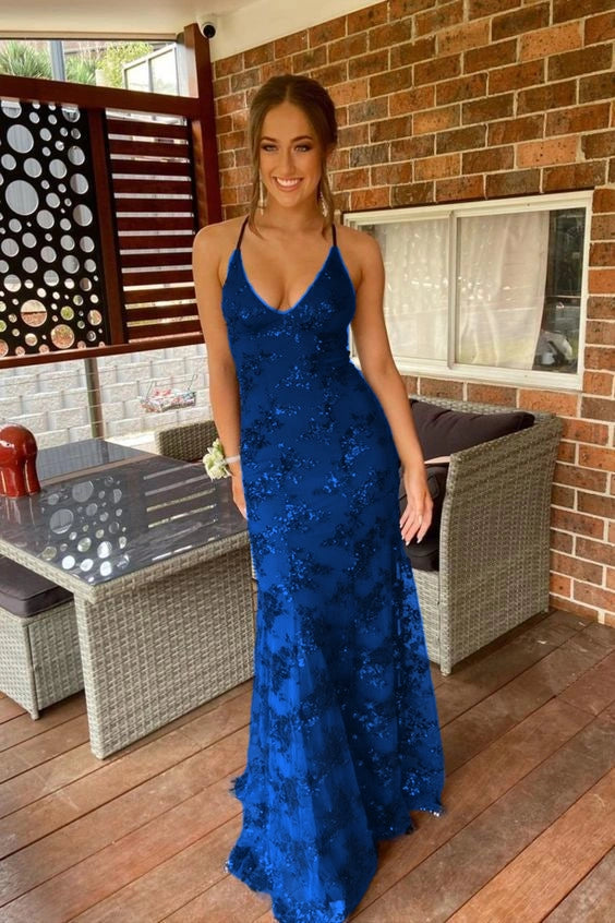 navy blue mermaid tulle and sequins long formal prom dress with v neckline and lace up back   cg10962