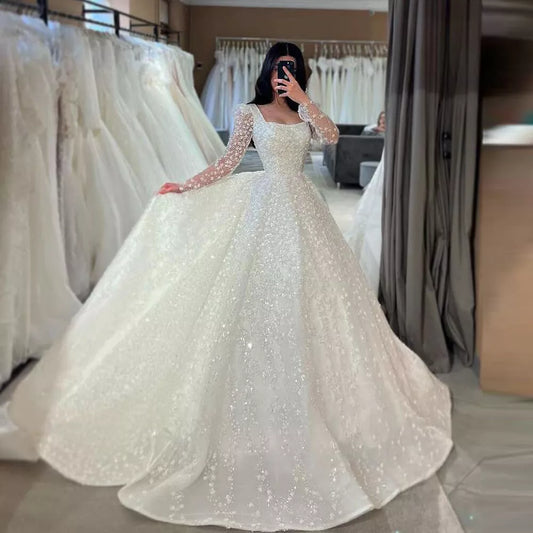 Luxury A-line Wedding Dress Square Neck Long Sleeves Lace Sequin Bridal Gown     cg26038