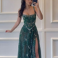 Vintage Emerald Green Spaghetti Straps Tulle Lace Beaded A Line Prom Gown Long Slit Party Dress cg26141