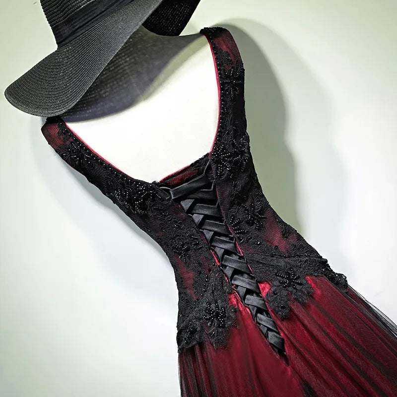 Gorgeous Black And Red V-Neckline Tulle Beaded Prom Dress, Long Evening Gown   cg11267