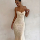 Mermaid Spaghetti Straps Ivory Lace Floor Length Prom Dresses Chiffon Evening Dress cg26207