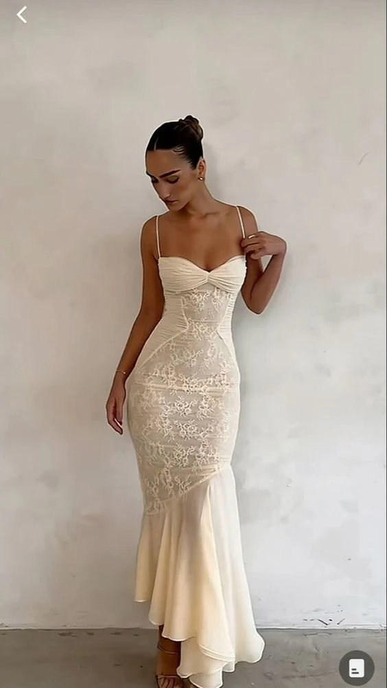 Mermaid Spaghetti Straps Ivory Lace Floor Length Prom Dresses Chiffon Evening Dress cg26207