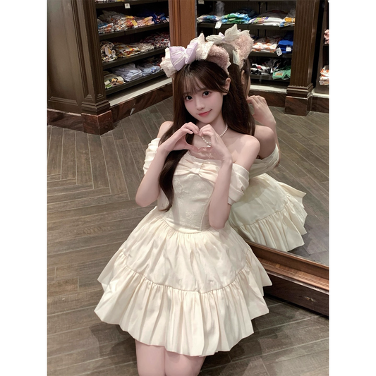 Sweet off-shoulder bow dress, princess-style short skirt  G074