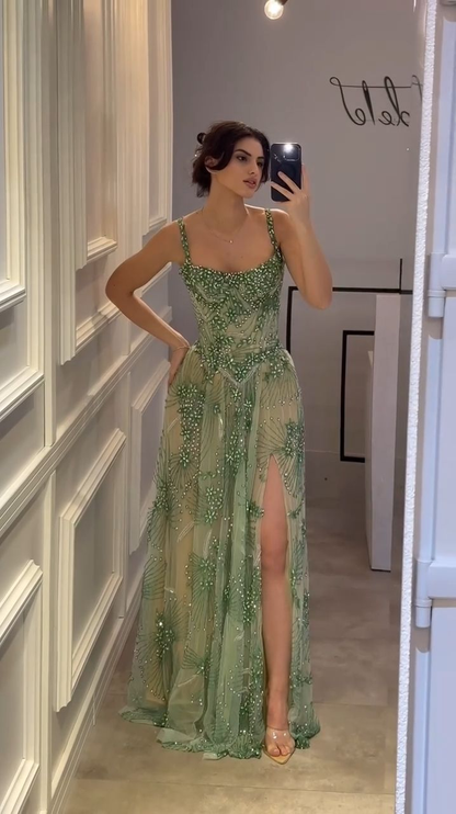 Vintage Emerald Green Spaghetti Straps Tulle Lace Beaded A Line Prom Gown Long Slit Party Dress cg26141