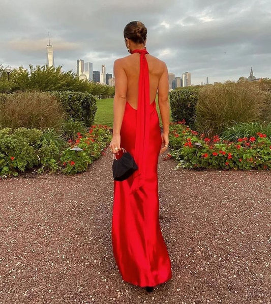 Charming Red Halter Backless Long Prom Dress with Slit       cg25081