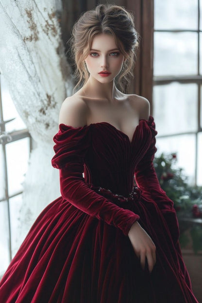 Pretty Off Shoulder Burgundy Velvet Long Prom Dresses, Burgundy Evening Dress  cg25390