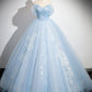 A-Line Tulle Lace Blue Long Prom Dress, Off Shoulder Blue Long Sweet 16 Dress    cg25056