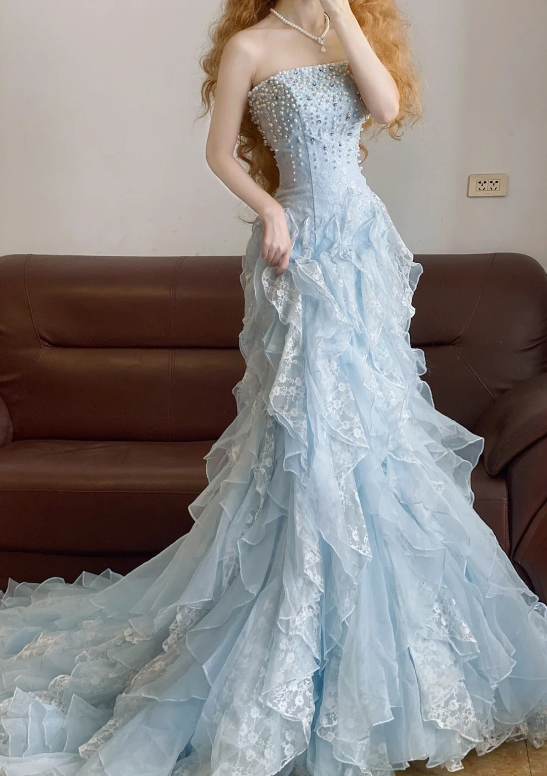 Blue Mermaid Vintage Tulle Long Evening Dresses,Sleeveless Party Gowns   classygown