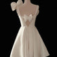 Cute Short White Satin Knee Length Party Dress with Bow, White Graduation Homecoming Dress     cg25048