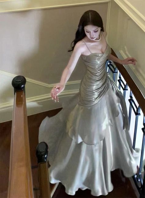 Sliver Grey Satin Straps Long Formal Gown, Cute Long Prom Dress      cg25173