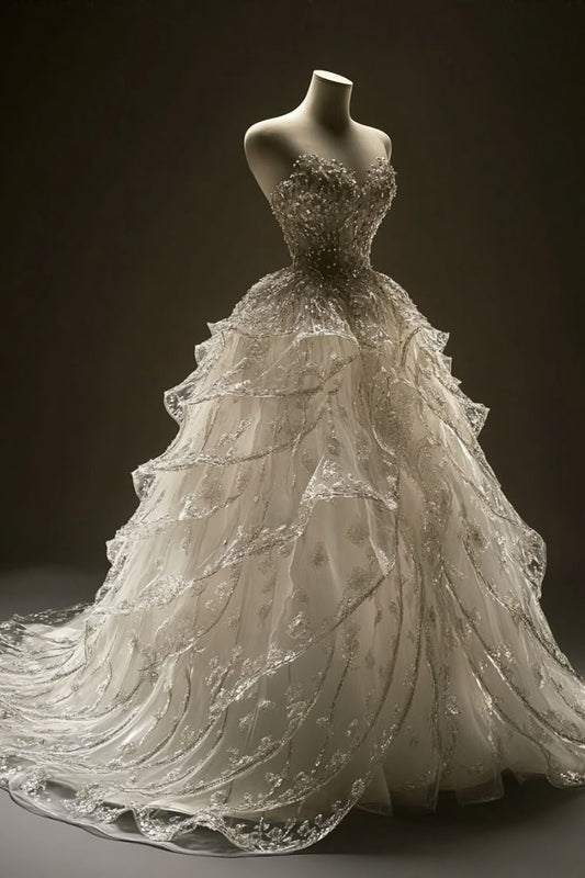 A Line Gorgeous Wedding Dress Tulle Sequins Strapless Customized Long Formal Women Bride Dress     cg25880