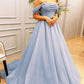 Long  Sky Blue Sparkly Prom Dress, A-line off-the-shoulder formal gown  cg25388