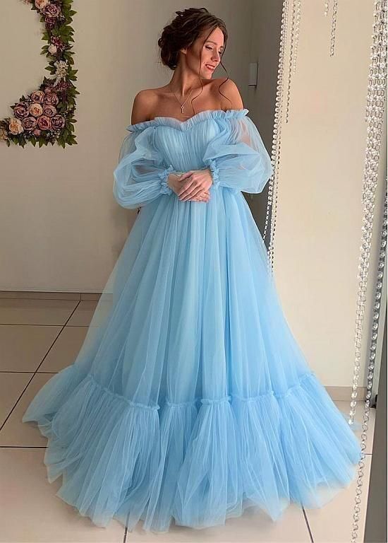 yellow tulle prom dresses long sleeves off shoulder   cg10899