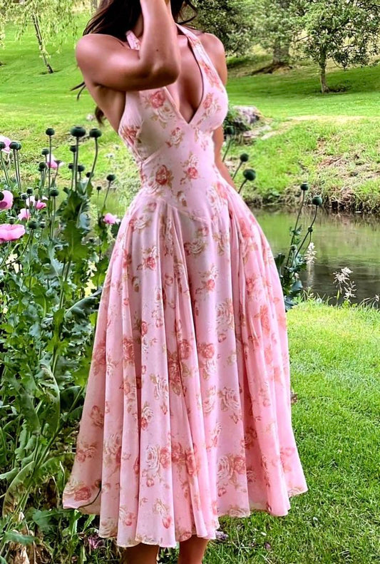 Deep V Neck Pink Floral Print Sleeveless Evening Prom Dresses        cg25442