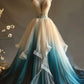 Elegant A-Line V-Neck Tulle Applique Long Prom Dress, Spaghetti Strap Vintage Evening Dress    cg25400