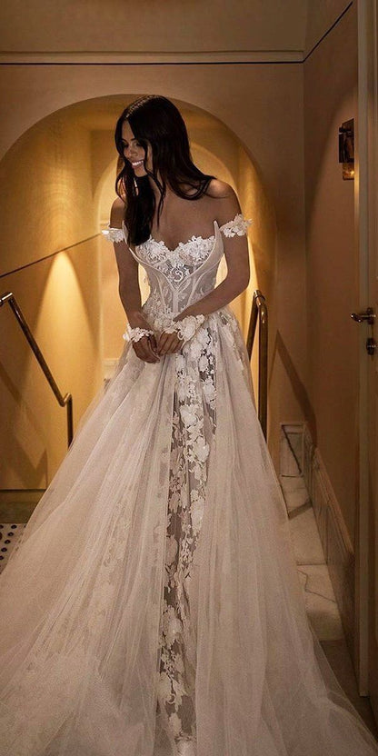 off the shoulder strapless sweetheart applique lace long sleeves long wedding dress     cg25374