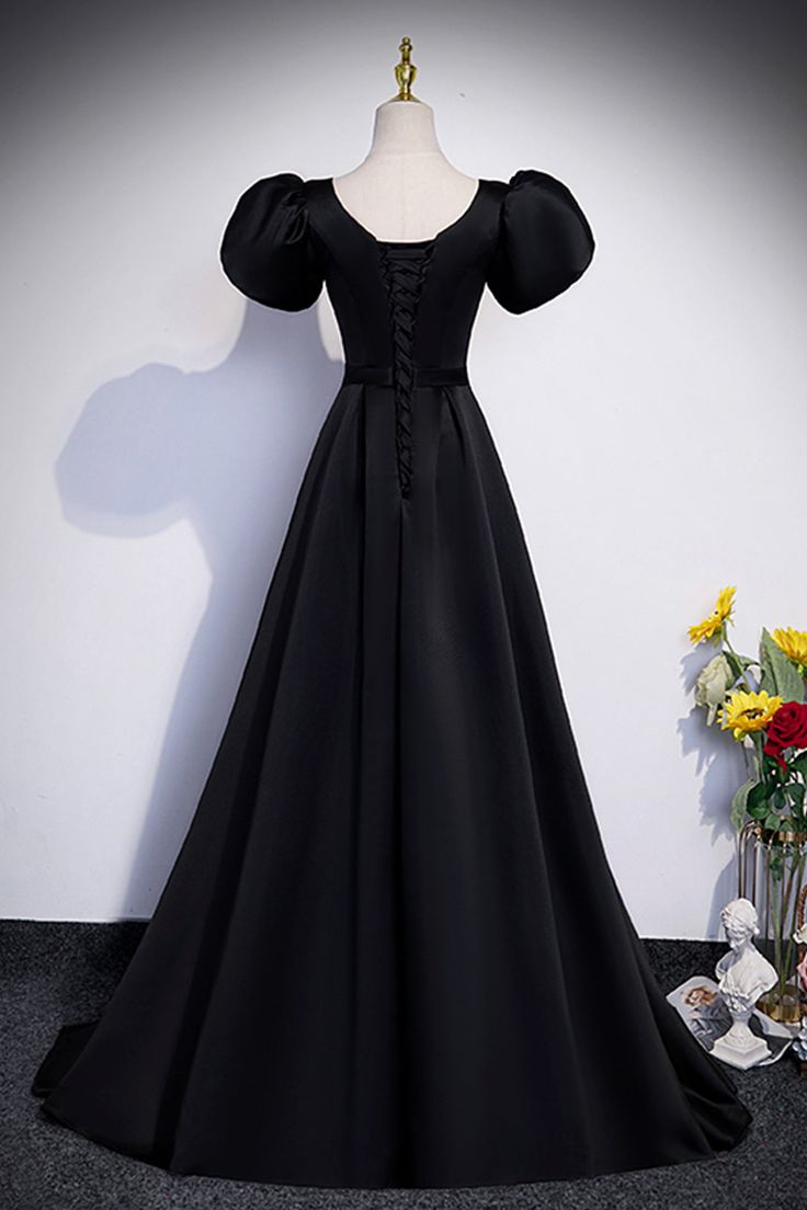 Black Satin Floor Length Prom Dress, Simple Black Short Sleeve Evening Dress     cg25039