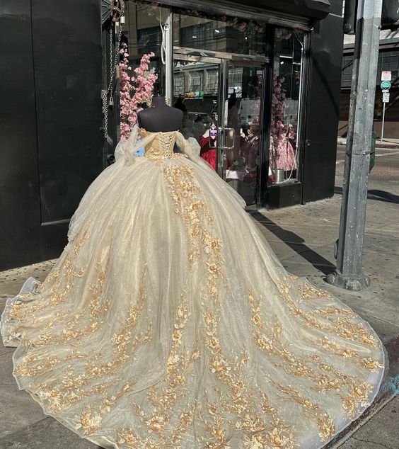 Champagne Quinceanera Dresses With 3D Floral Applique lace-up prom Sweet 16 dress     cg25108