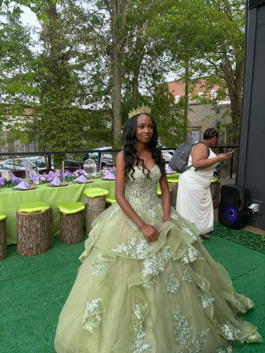 A Line Green Quinceanera Dress Lace Appliques Sweet 16 15 Ball Gown   cg25907