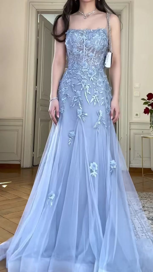 Blue Tulle Lace Appliques Long Prom Dresses Charming Evening Dress  cg25377