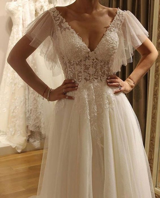 Classy A-Line Deep V-neck Crystal Floor-length Wedding Dress with Appliques Lace main image 1