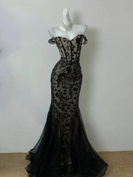 Black Lace Mermaid Evening Dresses,Sleeveless Party Prom Dress, Formal Dress    cg25472